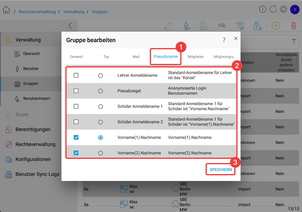 Gruppe Pseudonyme zuweisen