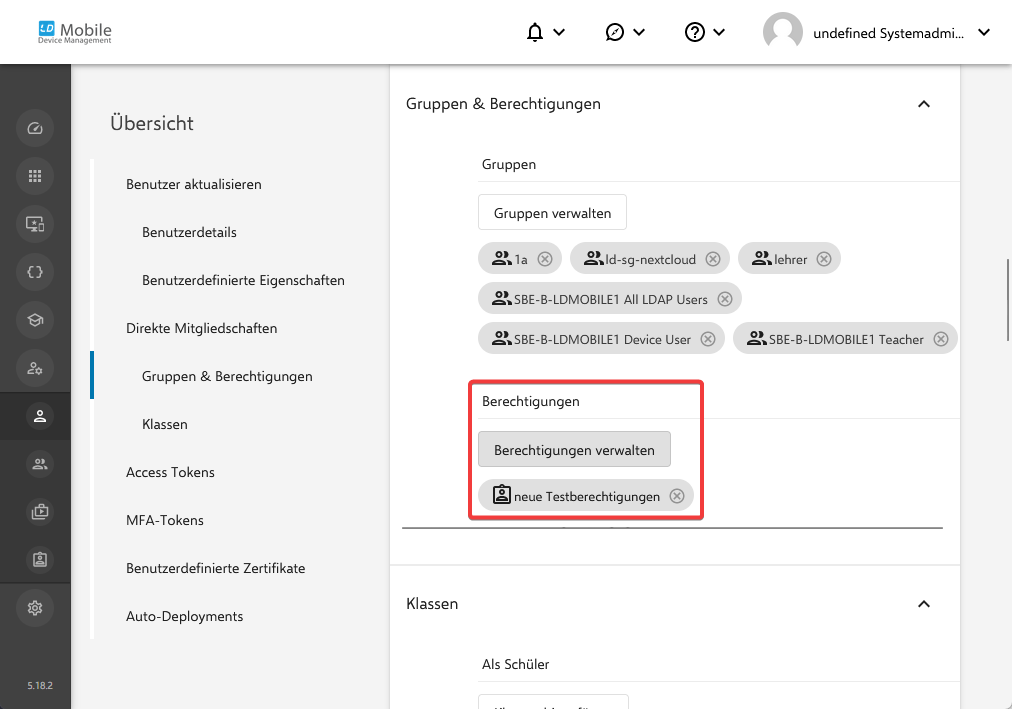 Auflistung der Berechtigungen