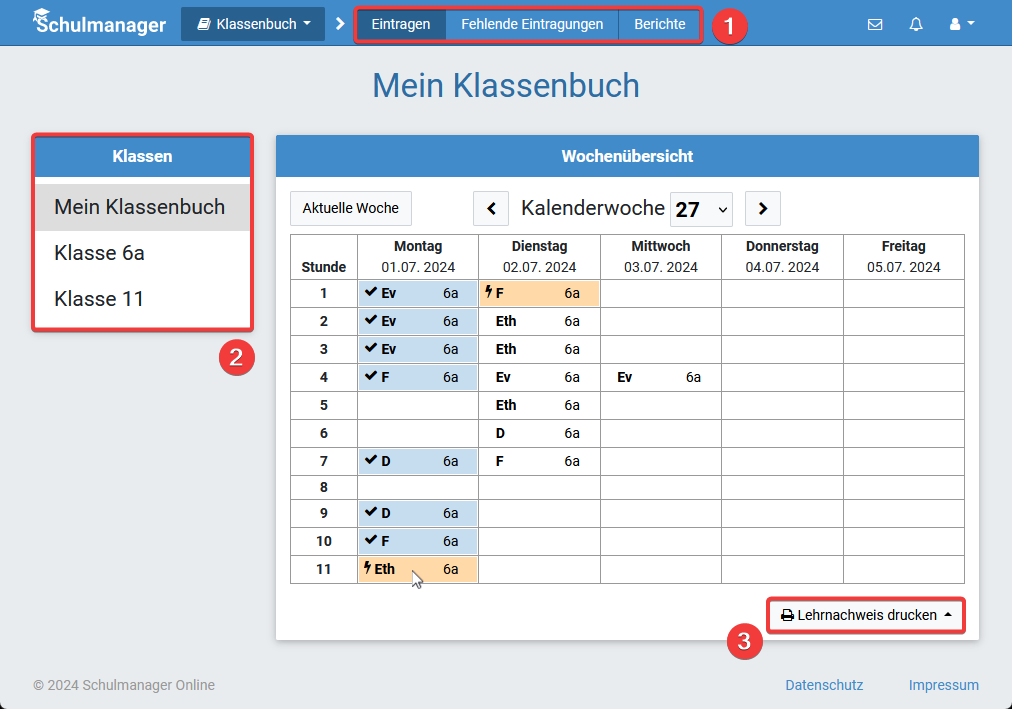 Übersicht Klassenbuch