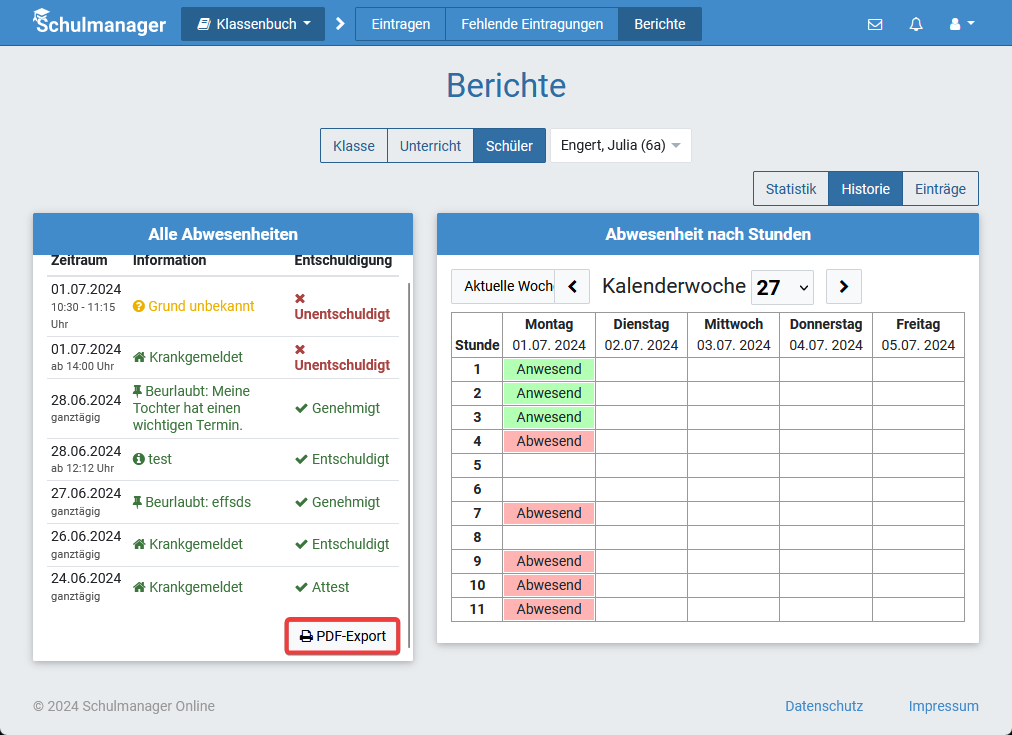 Berichte - Schüler - Historie