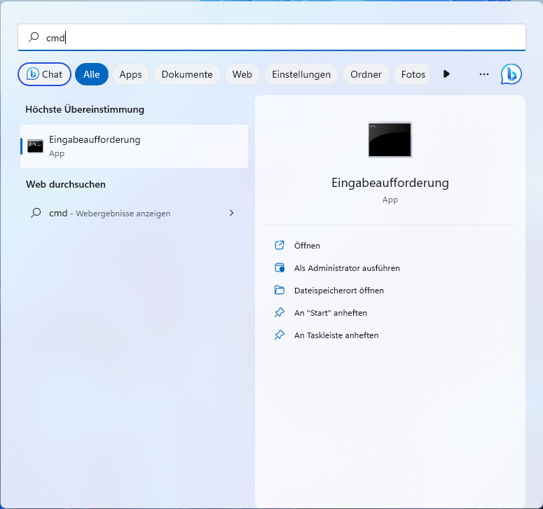 cmd-Befehl über Windows-Suchfunktion