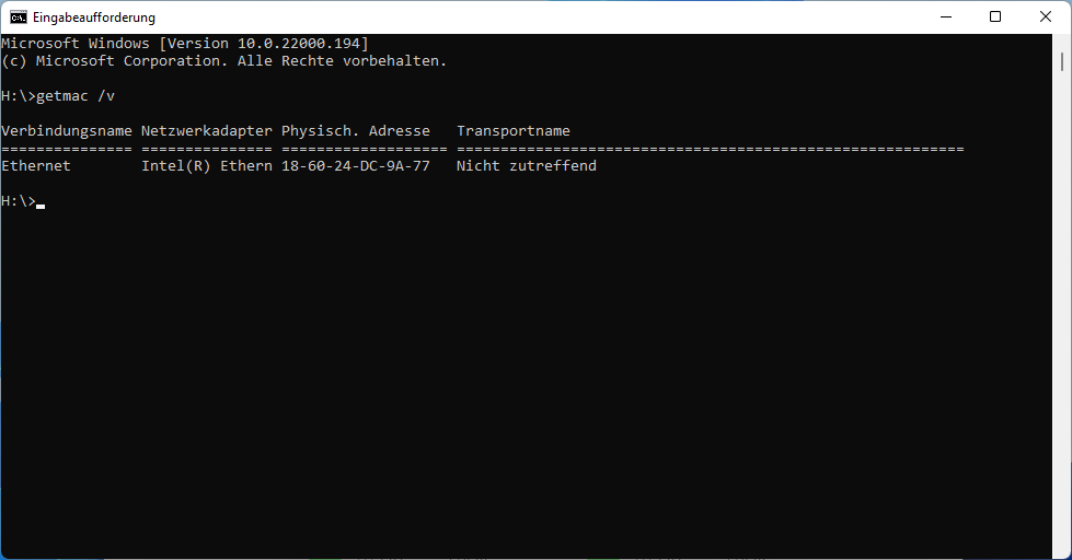 getmac-Befehl in Windows-Konsole