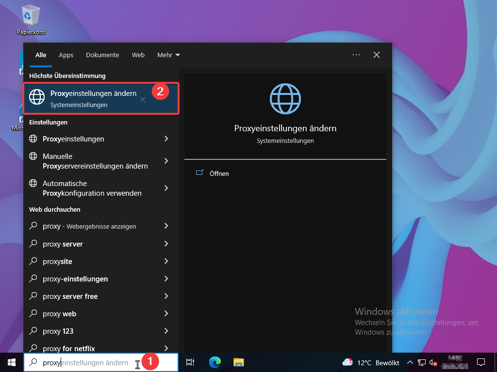 Proxyeinstellung über Windows-Suchfunktion