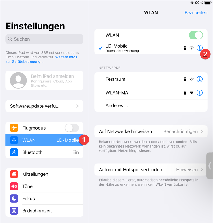 WLAN Information in iPad Einstellungen