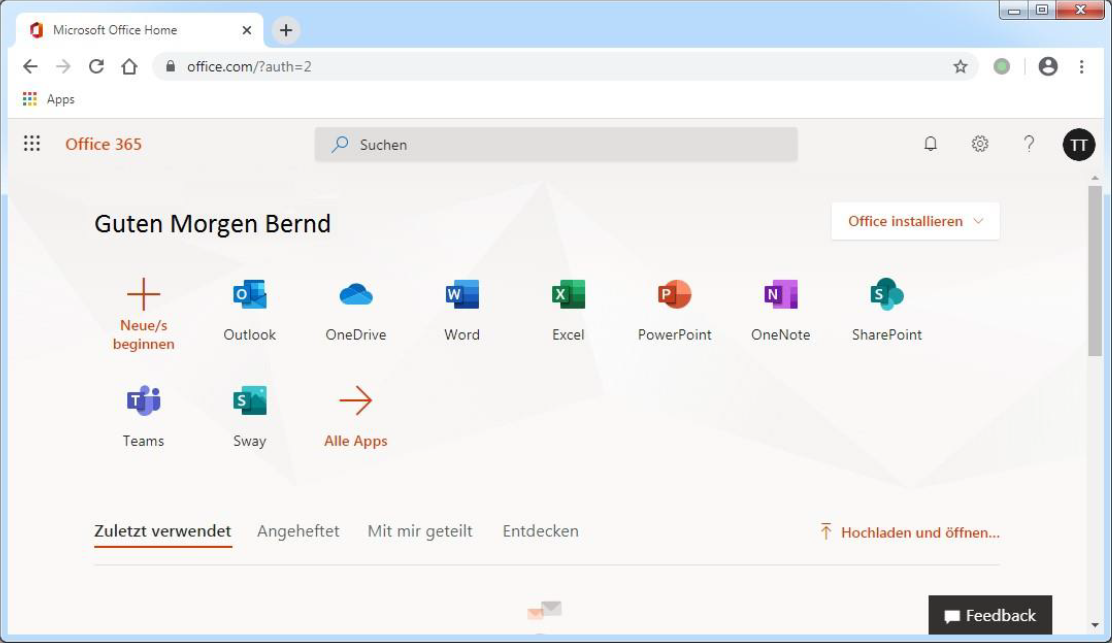 Startseite Microsoft 365 Portal